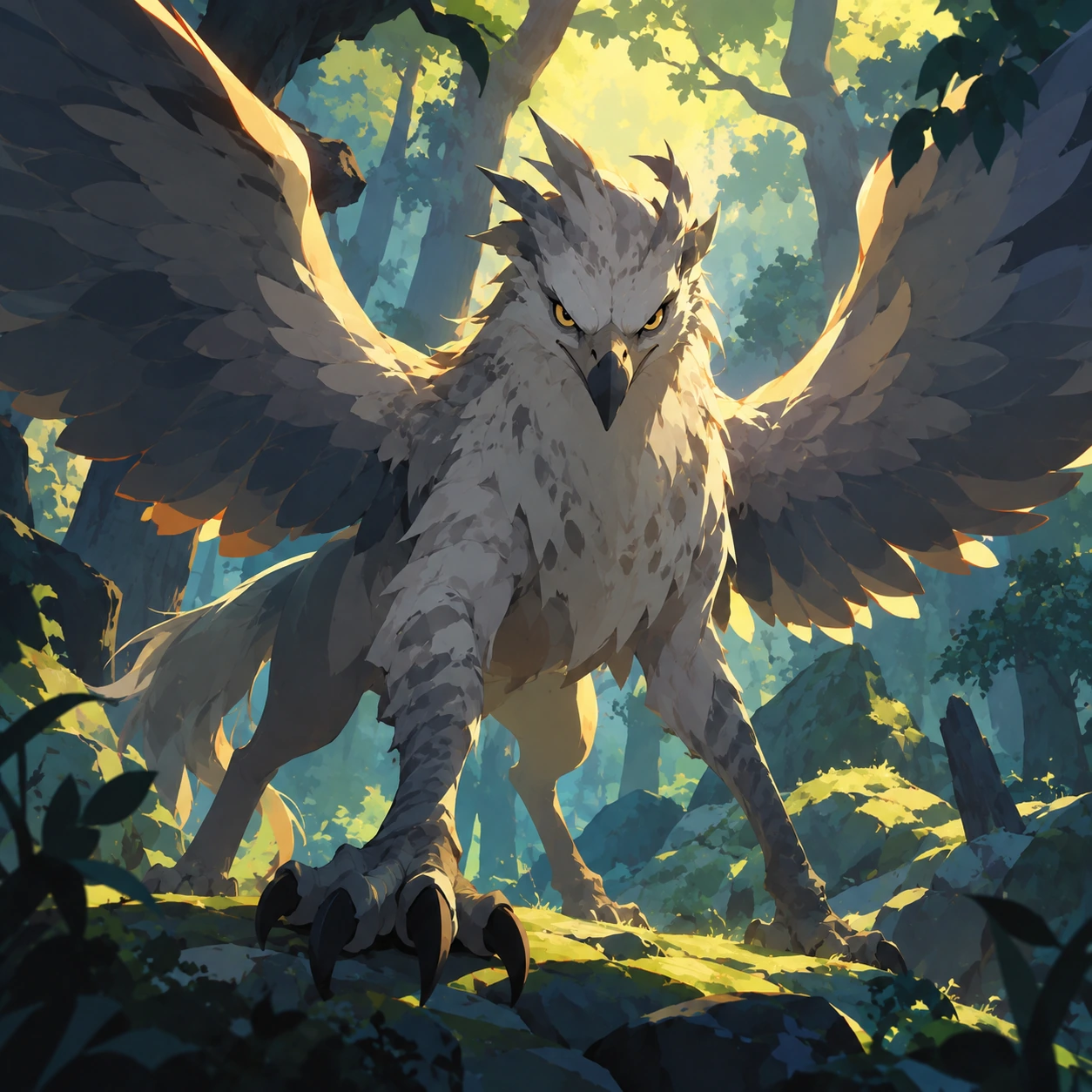 Un hipogrifo gris con las alas abiertas en un claro del bosque, mirando fijamente a quien no se ha inclinado.
