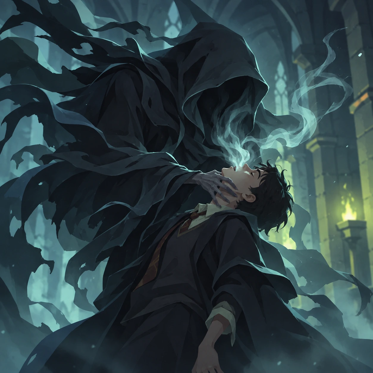 Un dementor flotando sobre un lago helado, con la capa desgarrada y la escarcha trepando por la orilla.