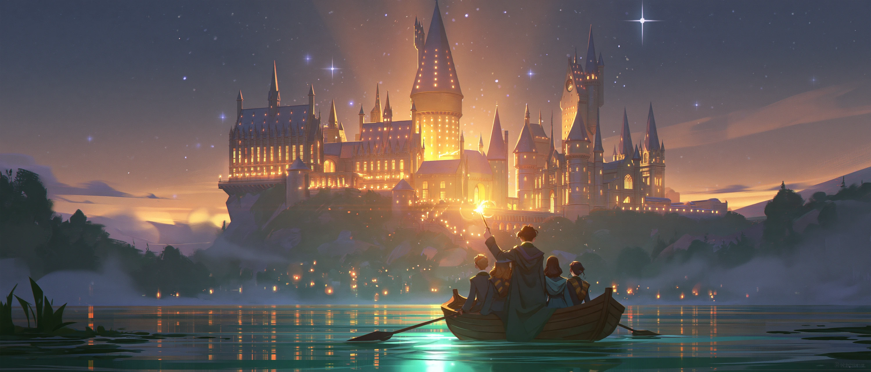 Portada. El castillo de Hogwarts de noche, visto desde el lago, con cuatro alumnos de 6.º en una barca y una luz extraña bajo el agua.