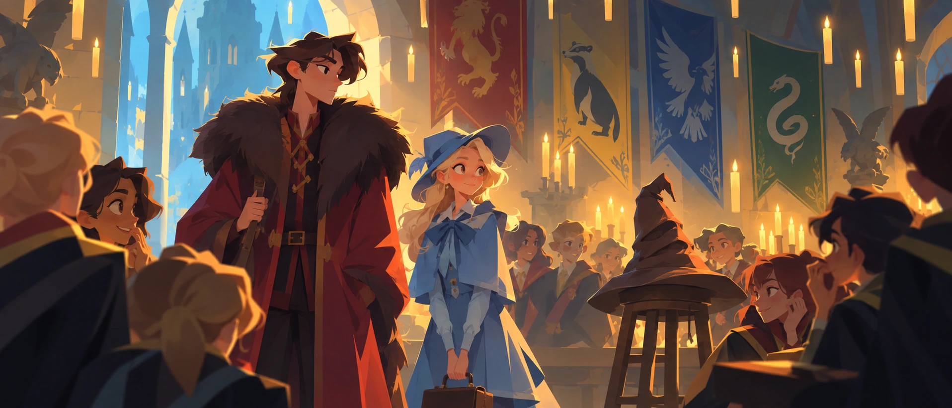 Un alumno de Durmstrang con abrigo de piel y una alumna de Beauxbatons de azul, esperando al Sombrero Seleccionador en un septiembre lluvioso.
