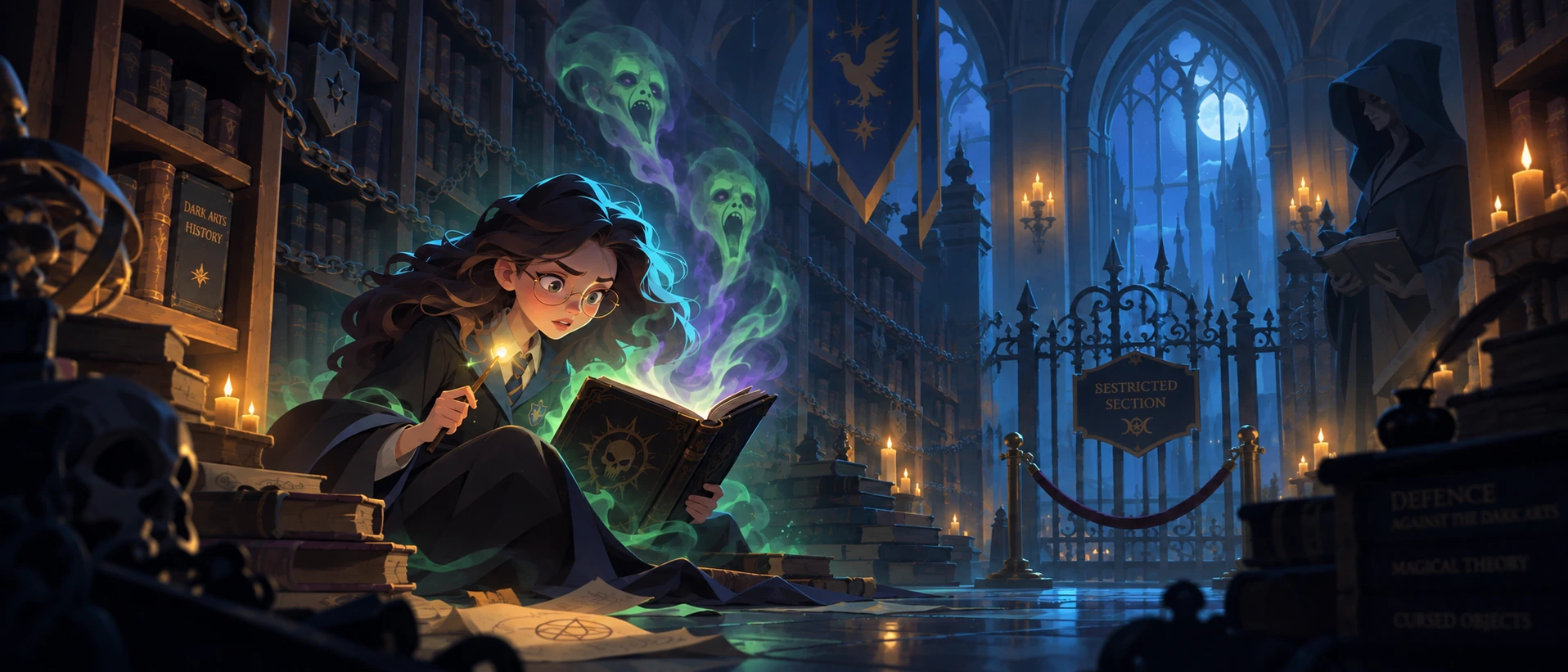 La Sección Prohibida de noche: cadenas en las estanterías, un libro que gime al abrirse y una alumna leyendo a la luz de la varita.