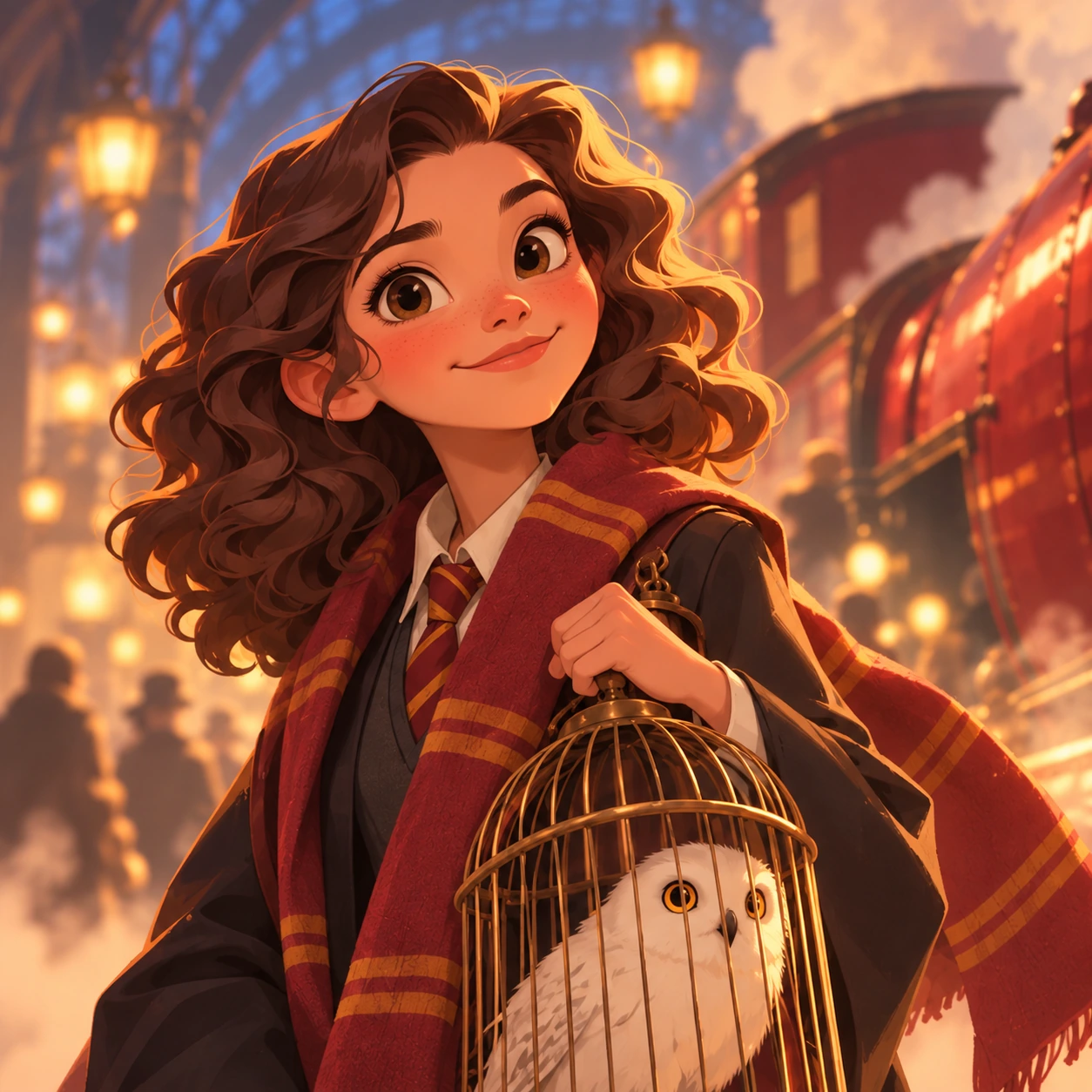 Una nacida de muggles en el andén 9 y ¾, con su familia muggle mirando el tren con la boca abierta.