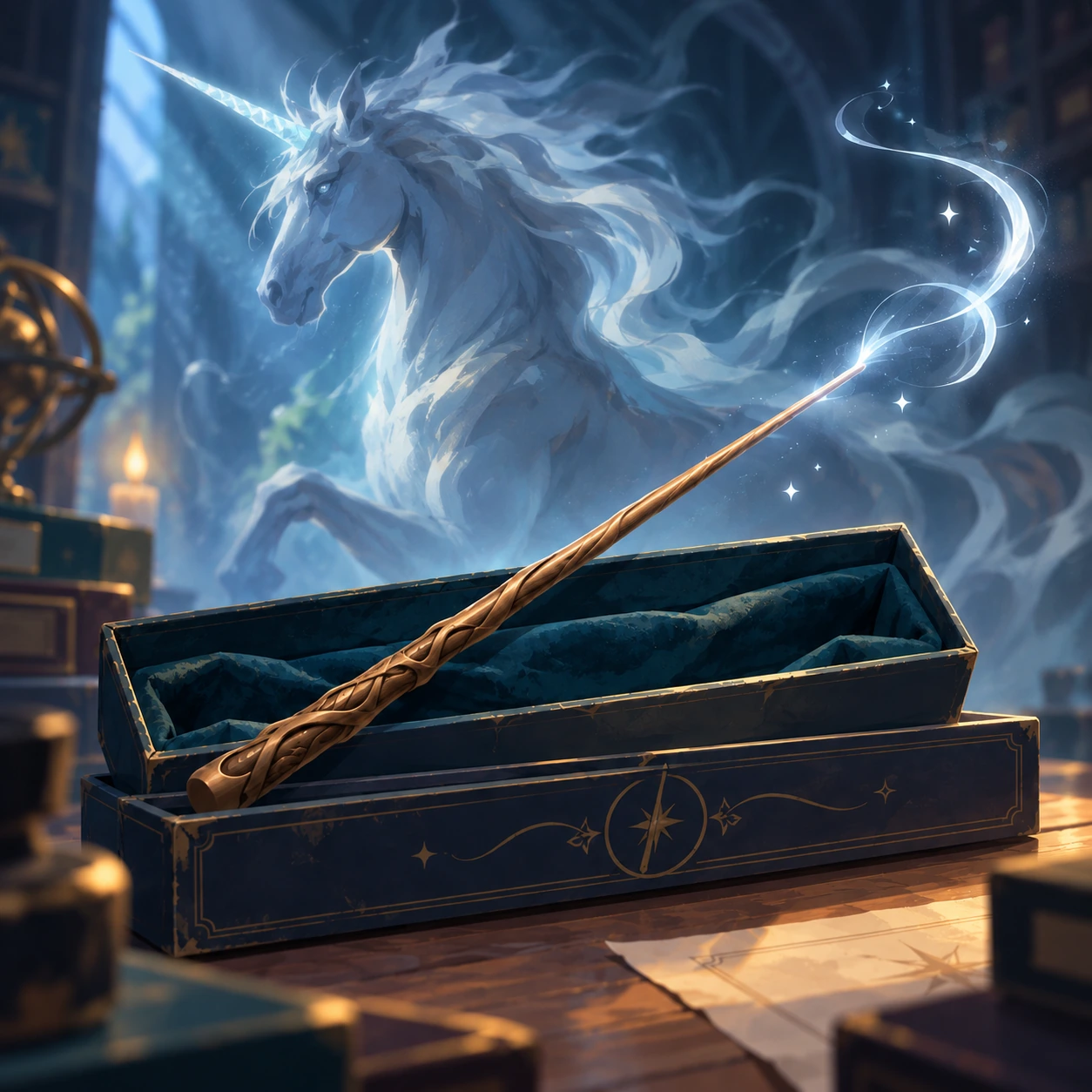 Una varita de olivo con núcleo de pelo de unicornio sobre su caja de Ollivanders, con un hilo plateado saliendo de la punta.