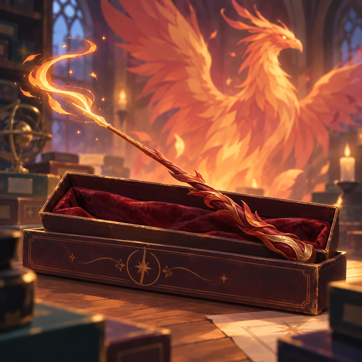 Una varita clara con núcleo de pluma de fénix, rodeada de un leve resplandor de fuego.